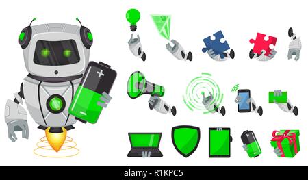 Roboter mit künstlicher Intelligenz, bot. Lustige cartoon Charakter, Pack von Körperteilen und Dinge. Humanoide kybernetischen Organismus. Zukünftige Konzept. Vektor Stock Vektor
