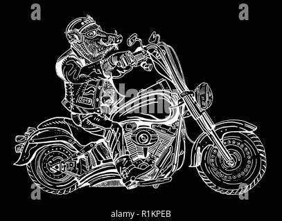 Wildschwein auf dem Motorrad. Biker, Motorradfahrer. Symbol für 2019 - Jahr des Schweins. Hand gezeichnet Gravur stil Abbildung Weiß auf Schwarz. Aufkleber, Poster, Stock Vektor