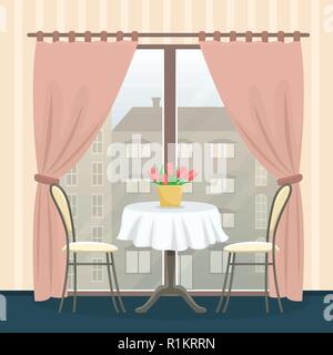 Restaurant im Innenbereich im klassischen Stil. Tisch mit Stühlen in der Nähe der Panoramafenster. Stock Vektor