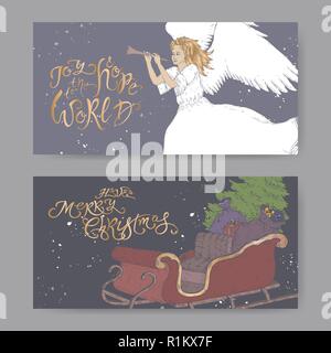 Satz von zwei Farbe Banner mit Pinsel Schriftzug Gruß, Angel und einen Schlitten mit Weihnachtsbaum und Geschenke. Stock Vektor