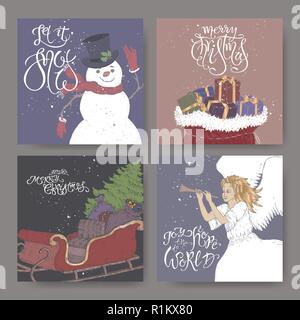 Satz mit vier Farbe Banner mit Pinsel Schriftzug Gruß, Showman, Engel, ein Schlitten mit Weihnachtsbaum und Geschenkbeutel. Stock Vektor