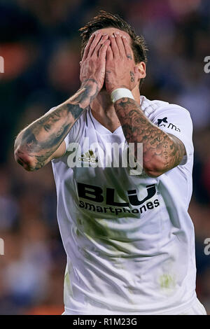 VALENCIA, Spanien - November 03: Santi Mina von Valencia CF reagiert während des La Liga Match zwischen Valencia CF und FC Girona im Estadio Mestalla am 3. November 2018 in Valencia, Spanien. (MB) Stockfoto