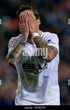 VALENCIA, Spanien - November 03: Santi Mina von Valencia CF reagiert während des La Liga Match zwischen Valencia CF und FC Girona im Estadio Mestalla am 3. November 2018 in Valencia, Spanien. (MB) Stockfoto