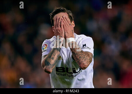 VALENCIA, Spanien - November 03: Santi Mina von Valencia CF reagiert während des La Liga Match zwischen Valencia CF und FC Girona im Estadio Mestalla am 3. November 2018 in Valencia, Spanien. (MB) Stockfoto