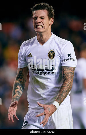 VALENCIA, Spanien - November 03: Santi Mina von Valencia CF reagiert während des La Liga Match zwischen Valencia CF und FC Girona im Estadio Mestalla am 3. November 2018 in Valencia, Spanien. (MB) Stockfoto