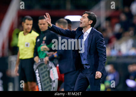 VALENCIA, Spanien - November 03: Marcelino Garcia Toral Haupttrainer des Valencia CF reagiert während des La Liga Match zwischen Valencia CF und FC Girona im Estadio Mestalla am 3. November 2018 in Valencia, Spanien. (MB) Stockfoto