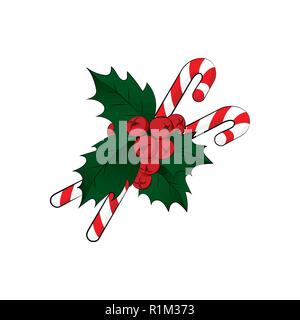 Candy Cane und Holly Berry vector Farbe Abbildung: Stock Vektor