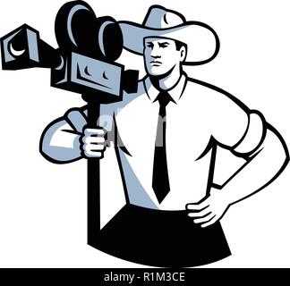 Retro Style Abbildung: ein Cowboy Kameramann Holding ein Vintage Film Kamera mit Hände auf Hüfte von vorne auf dem isolierten Hintergrund betrachtet. Stock Vektor