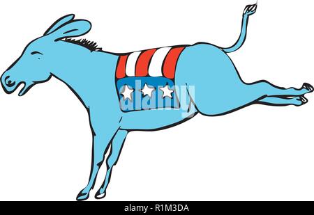 Zeichnung Skizze stil Abbildung eines Esels oder jackass Maskottchen mit amerikanischen USA Sternenbanner Flagge auf zurück treten auf isolierten weißen Hintergrund. Stock Vektor