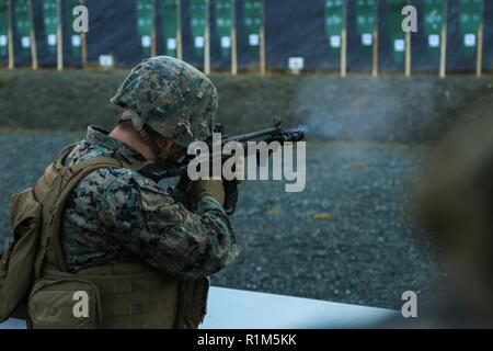 Us Marine Corps Lance Cpl. Sayfullakhuji Nurullakhonov, mit 2. Marine Logistik Group-Forward, Brände eine Norwegische AG-3 battle Rifle mit der Norwegischen Home Guard während der Übung Trident Punkt 18 in der Hölle, Norwegen, 12.10.2018. Die Norweger ausgebildete US-Marines auf der Einarbeitung der verschiedenen Gewehren durch die Norweger verwendet, um die USA und die NATO-Verbündeten und Partnern "Fähigkeit zur Zusammenarbeit militärische Operationen unter schwierigen Bedingungen zu verbessern. Stockfoto