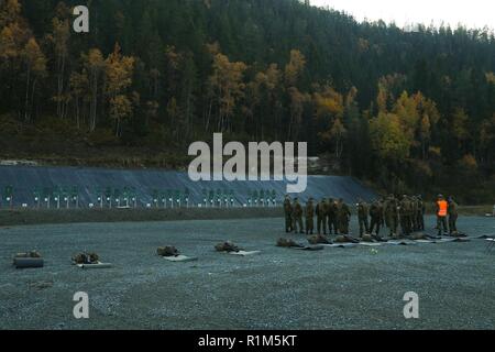 Die norwegische Home Guard Züge U.S. Marines mit 2. Marine Logistik Group-Forward auf verschiedenen Gewehren durch die Norweger während der Übung Trident Punkt 18 in der Hölle, Norwegen, Okt. 12, 2018 verwendet. Die Norweger ausgebildete US-Marines auf der Einarbeitung der verschiedenen Gewehren durch die Norweger verwendet, um die USA und die NATO-Verbündeten und Partnern "Fähigkeit zur Zusammenarbeit militärische Operationen unter schwierigen Bedingungen zu verbessern. Stockfoto