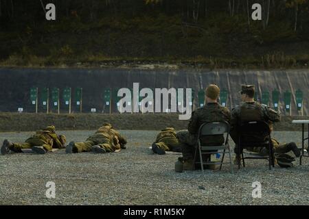 Die norwegische Home Guard Züge U.S. Marines mit 2. Marine Logistik Group-Forward auf verschiedenen Gewehren durch die Norweger während der Übung Trident Punkt 18 in der Hölle, Norwegen, Okt. 12, 2018 verwendet. Die Norweger ausgebildete US-Marines auf der Einarbeitung der verschiedenen Gewehren durch die Norweger verwendet, um die USA und die NATO-Verbündeten und Partnern "Fähigkeit zur Zusammenarbeit militärische Operationen unter schwierigen Bedingungen zu verbessern. Stockfoto