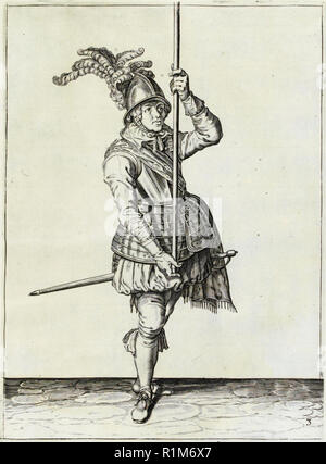 Pikeman, Illustration aus „The Handling of Arms, Arquebuses, Muskets and Pikes“, 1608 (Stich) von Jacob de Gheyn. Amsterdam, 1608 Stockfoto