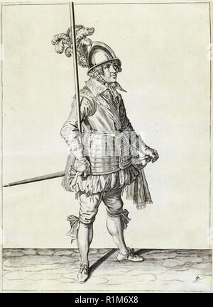 Pikeman, Illustration aus „The Handling of Arms, Arquebuses, Muskets and Pikes“, 1608 (Stich) von Jacob de Gheyn. Amsterdam, 1608 Stockfoto