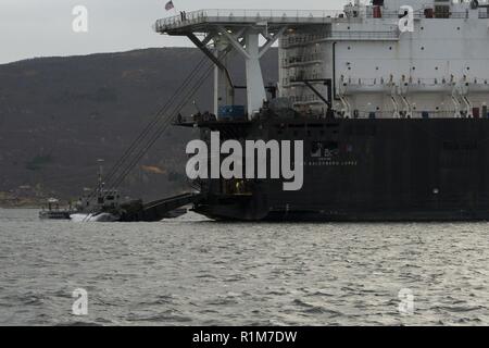 (Okt. 2010) 17, 2018) - ein Angriff Amphibienfahrzeug mit 2 Assault Amphibian Battalion, 2nd Marine Division, Spritzer aus der Heckrampe der USNS 1 Lt Baldomero Lopez (T-AK 3010) die Tiefsee- Transit zum Strand in Bogen, Norwegen, Oktober 17, 2018, während der Übung Nord" beginnen. Northern Bildschirm ist eine bilaterale Übung für das United States Marine Corps' Marine Rotational Force-Europe (MRF-E) und norwegische Militär, und findet in der Nähe von Setermoen, Norwegen, von Okt. 24 bis Nov. 7, 2018. Stockfoto