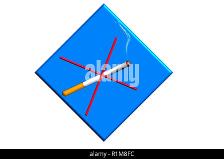 No smoking sign brennende Zigarette auf einem blauen Schild vor einem blauen Hintergrund Stockfoto
