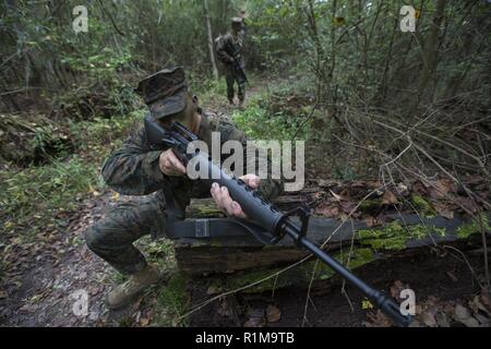 Ein Naval Reserve Officer Training Corps Midshipmen von der Tulane University, Beiträge Sicherheit während einer kleinen Einheit Führung Auswertung an Hopper Park, in Baton Rouge, La., 20. Oktober 2018. Marines von Marine Reserve, in New Orleans, unterstützt in der SULEs zu Erfahrung und Einsicht für midshipman zur Verfügung stellen, um sie besser für die Officer Candidate School und für Ihre zukünftige militärische Karriere vorzubereiten. Stockfoto