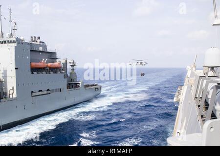 Mittelmeer (Okt. 2010) 21, 2018) Der San Antonio-Klasse amphibious Transport dock Schiff USS Anchorage LPD (23), rechts, führt eine vertikale Auffüllung mit Trockenmassengut und Munition ship USNS Medgar Evers (T-AKE-13) im Mittelmeer, Okt. 21, 2018. Anchorage und schiffte sich 13 Marine Expeditionary Unit werden in den USA 6 Flotte Bereich arbeiten wie eine Krise Response Force zur Unterstützung der regionalen Partner sowie bereitgestellt die nationale Sicherheit der USA Interessen in Europa und in Afrika zu fördern. Stockfoto