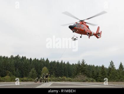 BANGOR, Washington (Okt. 23, 2018) Segler aus lokalen ballistischer Flugkörper und Raketen-U-Boote Praxis mit einem rescue Hoist von US Coast Guard MH-65 Dolphin Helikopter geführte, Coast Guard Air Station Port Angeles zugewiesen, während der medizinischen Evakuierung (Medevac) Bohrer Ausbildung bei Naval Base Kitsap-Bangor. Stockfoto