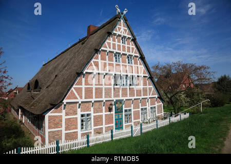 Altes Bauernhaus an der Este - Deich, Jork-Koenigreich, Altes Land, Niedersachsen, Deutschland, Europa Stockfoto