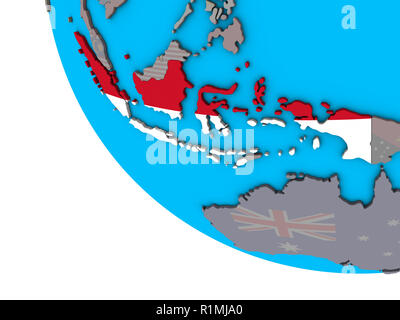 Indonesien mit eingebetteten Nationalflagge auf einfache 3D-Globus. 3D-Darstellung. Stockfoto