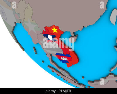 Indochina mit integrierten nationalen Flaggen auf einfache 3D-Globus. 3D-Darstellung. Stockfoto