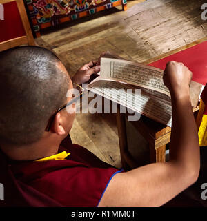 Buddhistische Mönche erschaffen im Kloster Lamayuru ein Mandala aus farbigem Sand. Ladakh, Jammu und Kaschmir, IndienLadakh, Jammu und Kaschmir, Indien Stockfoto