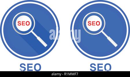 Runde, flache Lupe und SEO, Search Engine Optimization. Zwei Versionen der Symbole Stock Vektor