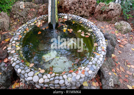 Kreis dekorative Teich mit Kiesel Mauer und Wasser kommen auf Holz am Pool Stockfoto