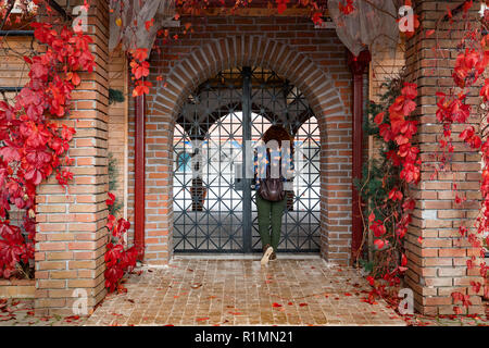 Mädchen innerhalb von Dekorativen gewölbten Eisen-Gateway über Ziegel Tür zum Garten dekoriert mit Maiden Trauben (Virginia Creeper) im Herbst Stockfoto