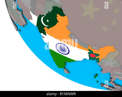 Britisch Indien mit integrierten nationalen Flaggen auf einfache 3D-Globus. 3D-Darstellung. Stockfoto