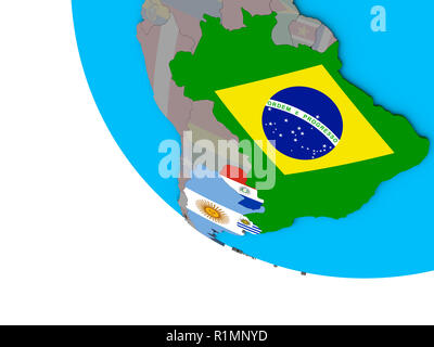 Mitglieder des Mercosur mit integrierten nationalen Flaggen auf einfache 3D-Globus. 3D-Darstellung. Stockfoto