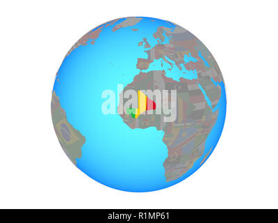 Mali mit National Flagge auf Blau politische Welt. 3D-Abbildung auf weißem Hintergrund. Stockfoto