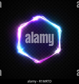 Hexagon Hintergrund mit Neonlicht auf transparentem Hintergrund. Shining hex Logo Design mit Lampe blinkt und funkelt. Farbe Vector Illustration in Neon Stil. Stock Vektor