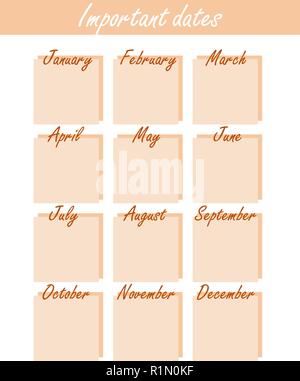 Kalender mit Geburtstagen und anderen Veranstaltungen in einem minimalistischen Form. Universal Pfirsich Farbe stilvolle Kalender wichtige Termine. Stock Vektor