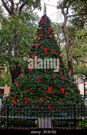 Ein Weihnachtsbaum ersetzt Bienville Squareís Brunnen während der Weihnachtszeit, Dezember 18, 2017 in Mobile, Alabama. Stockfoto