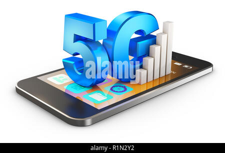 5G Symbol und Smartphone auf einem weißen Hintergrund. 3D-Rendering. Stockfoto