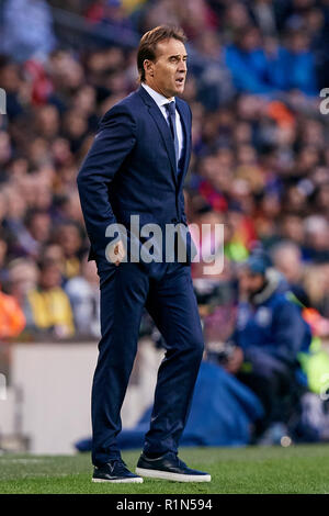 BARCELONA, SPANIEN - 28. Oktober: Julen Lopetegui Head Coach von Real Madrid CF reagiert während des La Liga Match zwischen dem FC Barcelona und Real Madrid CF im Camp Nou am 28. Oktober in Barcelona, Spanien 2018. David Aliaga/MB Media Stockfoto