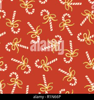 Candy Cane nahtlose Vektor Muster. Weihnachten wiederkehrende Hintergrund mit hand Zuckerstangen mit glänzenden gold Folie auf rote Schleifen erstellt. Für Packpapier, Geschenkpapier, Weihnachten Grußkarte, Web Banner Stock Vektor
