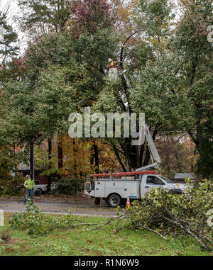 Carrboro, North Carolina, USA - November 13, 2018: Arbeiter reparieren Stromleitungen nach Baum fiel auf sie im Sturm Stockfoto