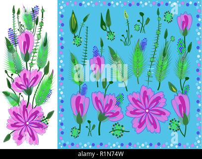 Satz von floralen Elementen mit violetten Daisy Art Blumen, Blätter und Knospen. Vector gezeichnet botanischen Pflanzen für die Dekoration, Einladung Hochzeit, Muster. Eps Stock Vektor