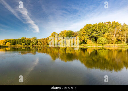 Spiegel Lagune von Bergen, schönen Herbst See Reflexion, bunte Blätter abgerundet Stockfoto