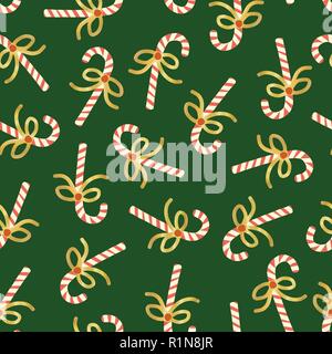 Candy Cane nahtlose Weihnachten vektor Muster. Wiederholen Hintergrund mit Hand gezeichnet Zuckerstangen mit glänzenden Gold folie bögen auf Grün. Für Packpapier, Geschenkpapier, Weihnachten Grußkarte, Web Banner Stock Vektor