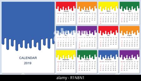 Buntes Jahr 2019 Kalender. Vektor multicolor tropfende Farbe. Isolierte Abbildung. Stock Vektor