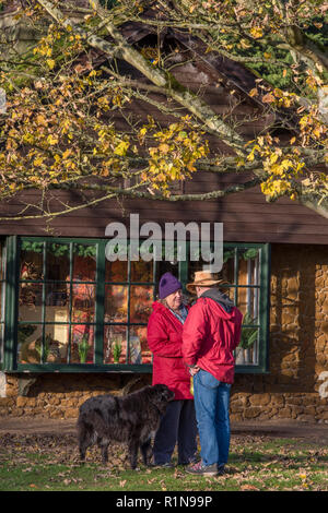 Ältere oder Paar mittleren Alters zu Fuß ihren Hund im Winter auf der Sandringham Estate in Norfolk. Paar tragen ähnliche Mäntel und Hüte. Stockfoto