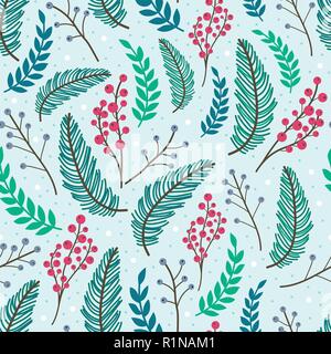 Whimsical, sich wiederholendes Muster. Weihnachten und Winter Thema. Pflanzen, Beeren und Blätter. Hand gezeichneten Stil. Stock Vektor
