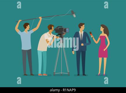 Reportage, Fernsehen Konzept. Crew oder Journalist Interview. Cartoon Vector Illustration Stock Vektor