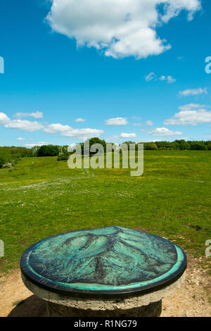 Ein Blick zurück vom toposcope an Standish Woods auf der Cotswold Way langen Wanderweg in der Nähe von Stroud, Gloucestershire, Cotswolds, England, Großbritannien Stockfoto