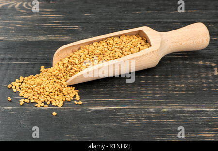 Bockshornkleesamen in Schaufel auf Holz- Hintergrund Stockfoto