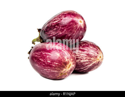 Drei frische violett Aubergine graffiti auf weißem Hintergrund Stockfoto